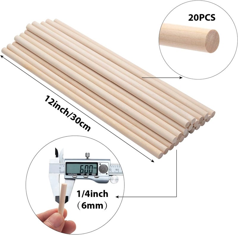Coowayze Wooden Dowels Wooden Sticks for Crafts, 1/4 x 12 Round Wood Dowel Rods, 20PCS Wood Sticks for Crafts, Lollipops and Tiered Cakes, Small Unfinished Hardwood Sticks for Crafting, Photo Booth Props - Image 2